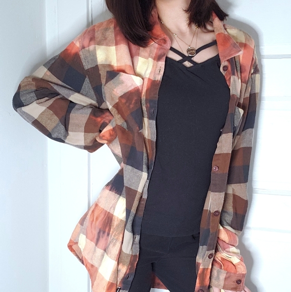 Custom Bleach Distressed Rusty Plaid Button Down - Picture 2 of 5